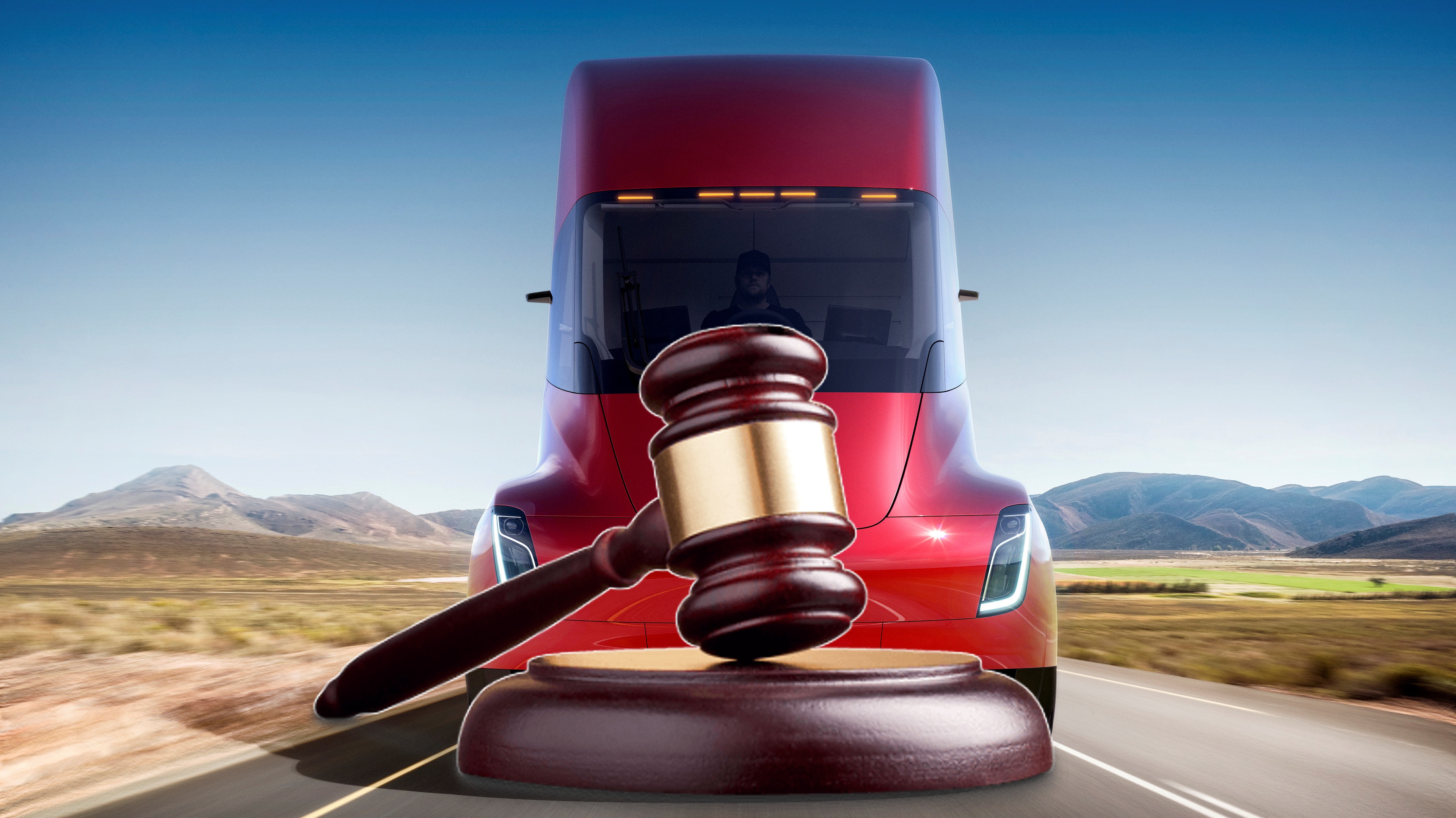 Tesla Semi with Legal Gavel stopping it on road