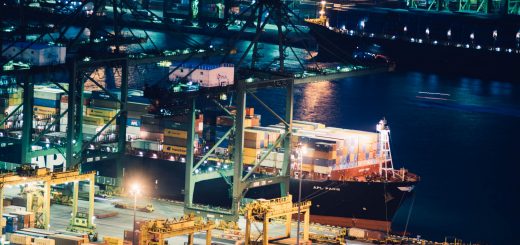 Photo of port with cargo ship picking up and offloading cargo