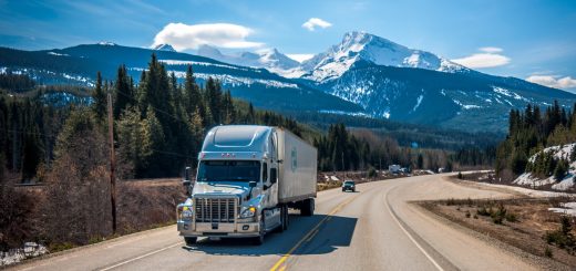 Highway truck Semi in mountains