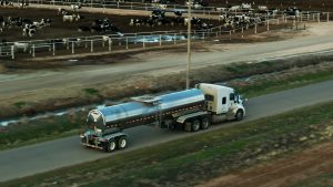 Key Factors Behind the Rising Costs of Milk Hauling, Aerial view of a milk tanker driving along a road between dairy farms during the evening.