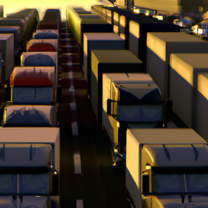 Semis on highway platooning at sunrise