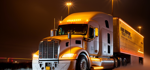 modern freightliner semi on country highway small country town at night after rain fall