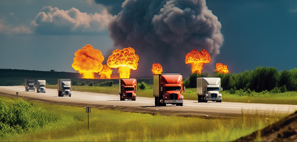 Trucks and trailers in fleet with multiple explosion in background on highway