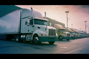 Trucks at dock with sun-setting