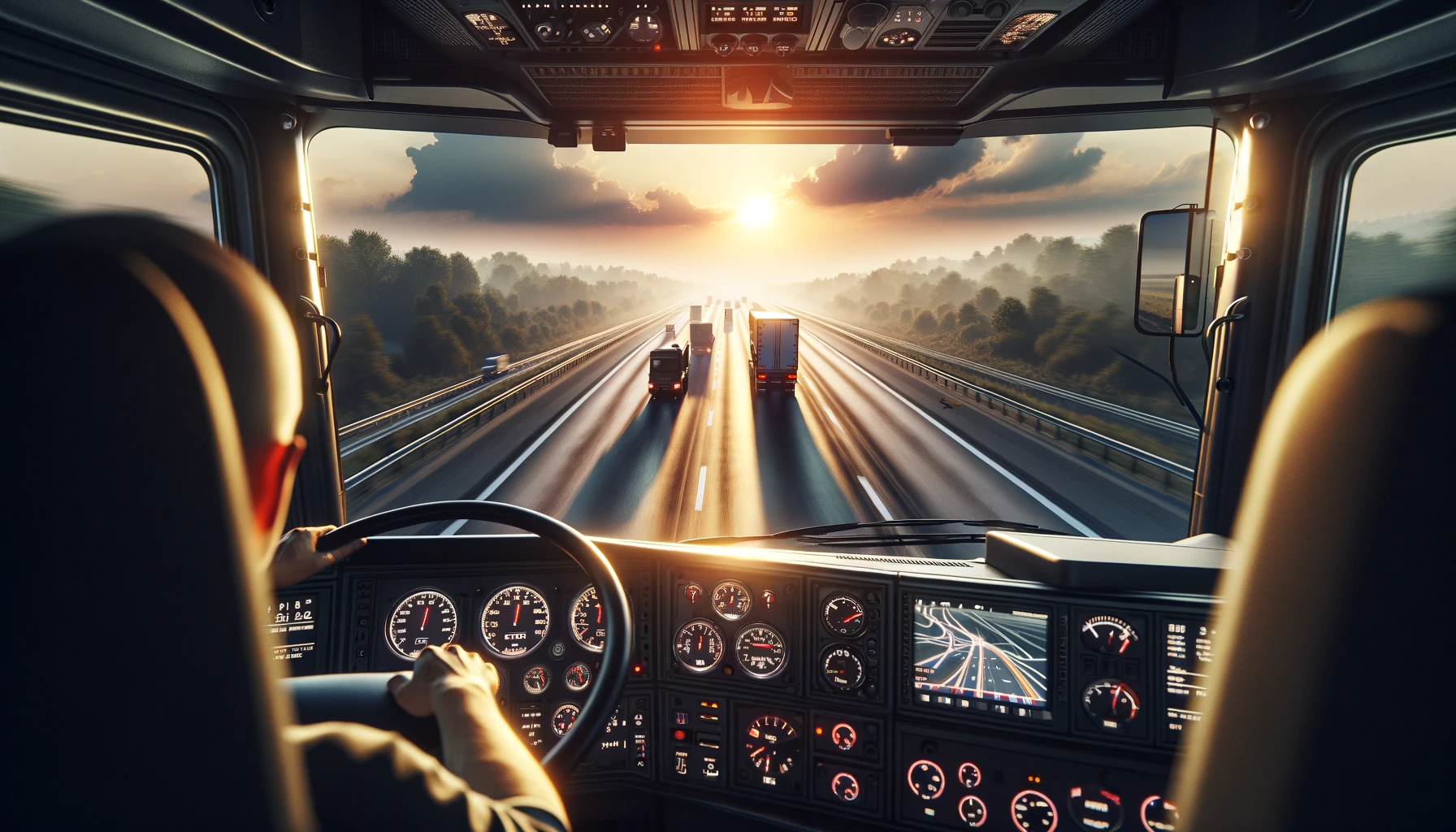 From the perspective of a heavy-duty truck driver looking out from the cab on a highway.