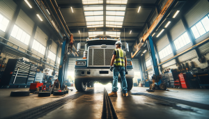 A wide angle shot of a workshop where a worker, a middle-aged Hispanic man wearing a hard hat, safety vest and gloves, is performing maintenance on a truck.