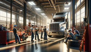 A scene in a spacious garage with mechanics and truck drivers, some wearing caps, intently looking at a heavy-duty truck