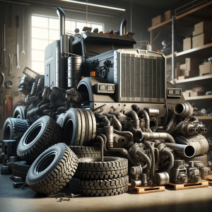 A pile of heavy-duty truck parts neatly stacked in a garage setting. The pile includes items like a large truck grill, rugged tires, exhaust pipes, and other parts showing truck maintenance costs