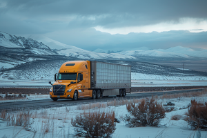 Yellow big rig on snowy road with snow covered mountains in background