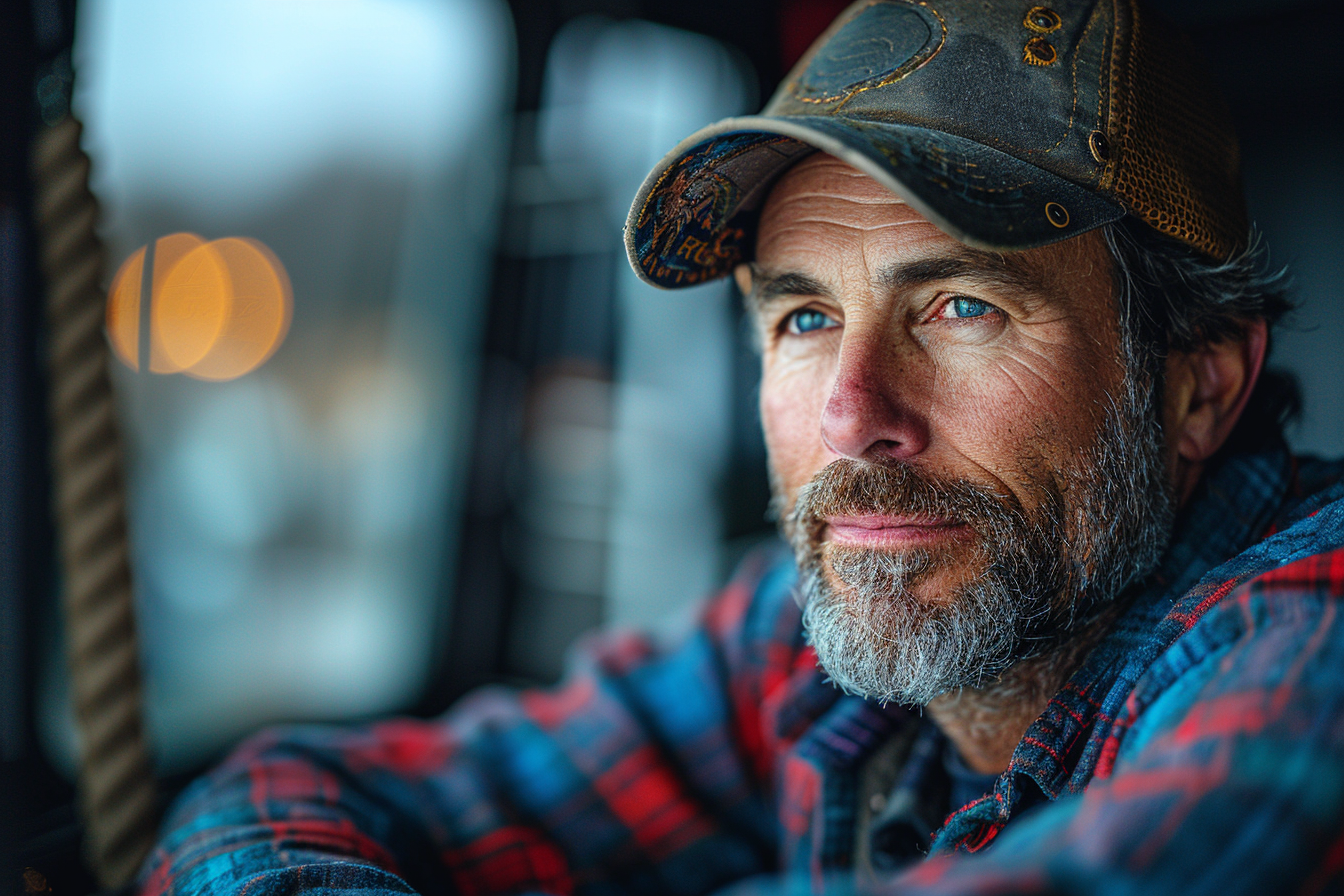 Middle age truck driver looking into distance