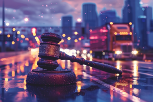 Gavel on rainy dusk with truck on highway in background