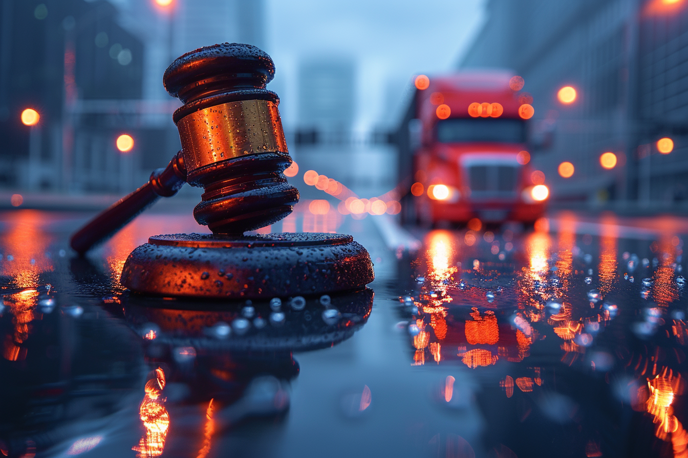 Judge gavel on wet road with truck in bokeh background