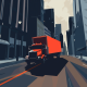 Artistic image of red truck with red trailer in city