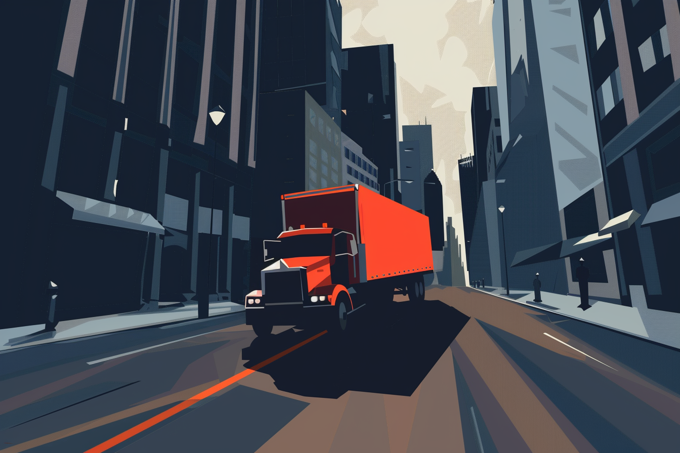 Artistic image of red truck with red trailer in city