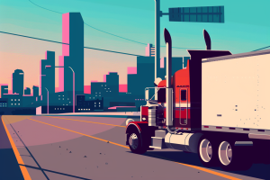 Artistic image of red truck with white trailer in city