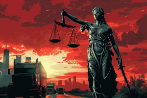 Lady Justice in front of truck silhouette at sunset