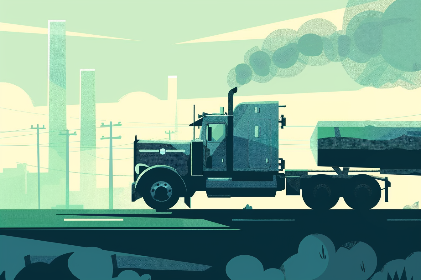 Truck emissions coming from truck on road with stacks in background in artistic render