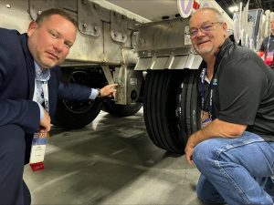 SAF-Holland Suspension on Kraft Tank with SAF's Luke Groenwoud, National Fleet Manager (left) and Bruce Schauer, Procurement Manager for Heniff Transportation Systems (right)