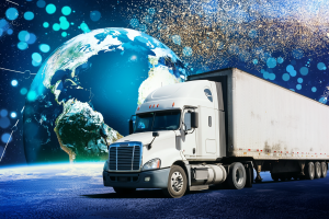 Render of big Rig in front of earth