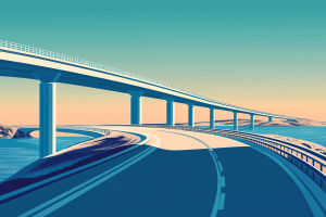 Artistic render of blue cast road and bridge in sunlight