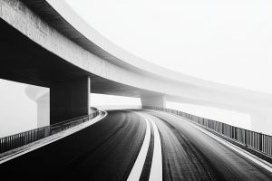 Black and white of bridge and road in fog