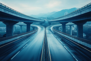 Artistic render of blue cast road and bridge at dusk