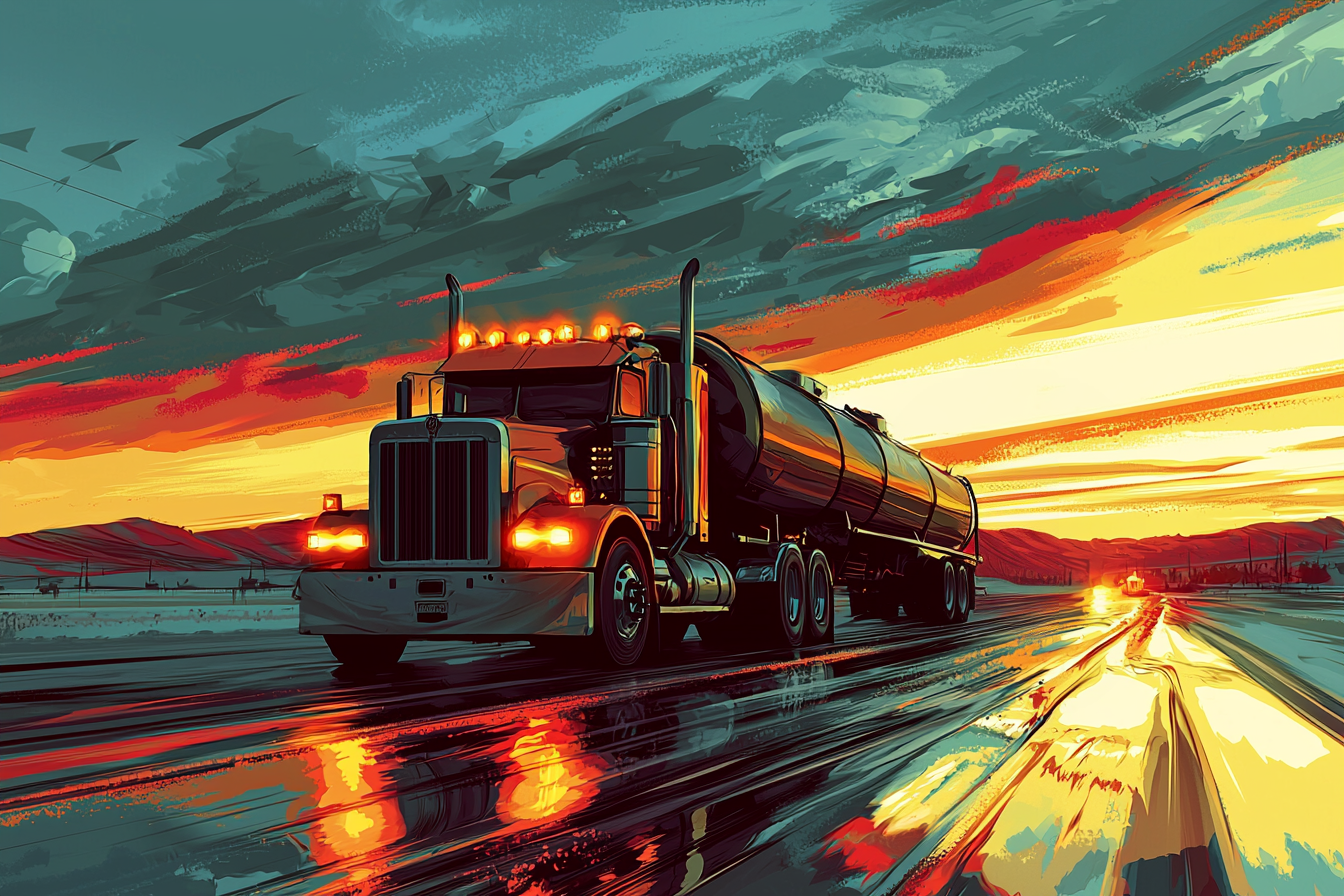 Artistic render of a Rig and tanker transporting on road